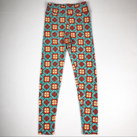 LuLaRoe Tween Blue Orange Yellow Print Leggings - Picture 2 of 9